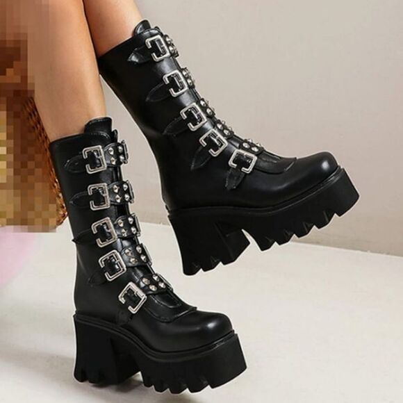 Women's Goth Punk Boots Platform Combat Belt Buckle Studded Mid Calf Chunky Boot - Picture 1 of 9